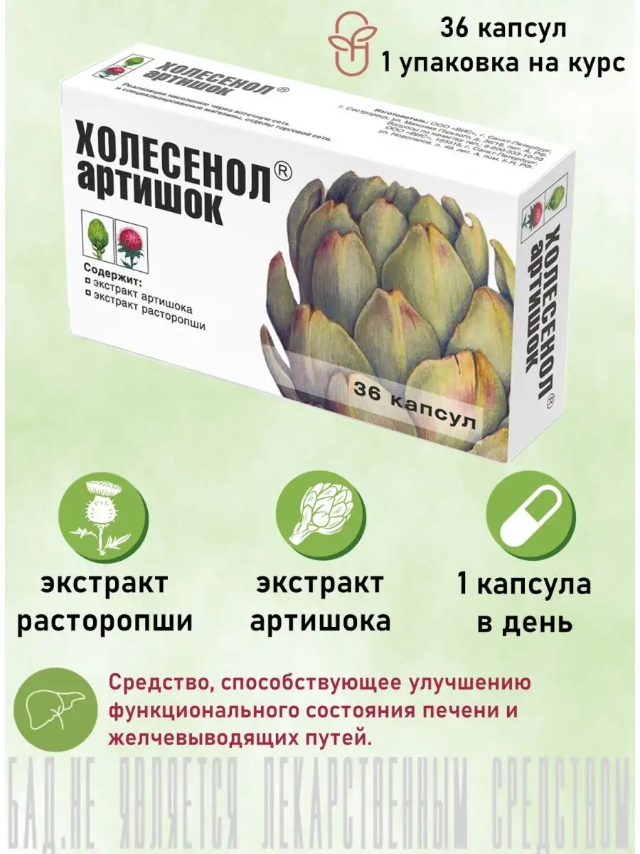 Артишок гепатопротектор 36 капсул Холесенол 6581648 купить в  интернет-магазине Wildberries