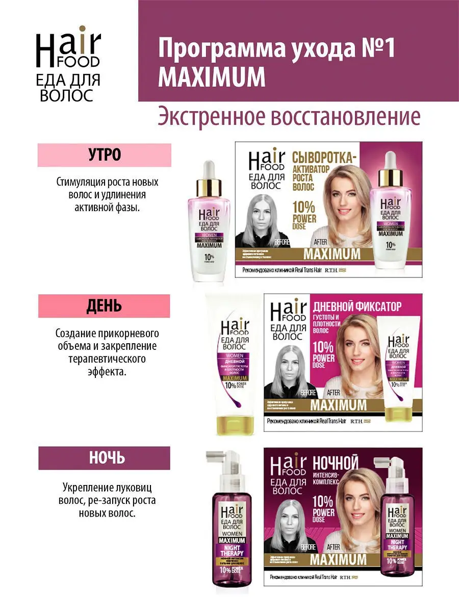 Средство против выпадения волос «Сыворотка-активатор роста волос» WOMEN  MAXIMUM 10%, 50 мл HairFood 6773657 купить в интернет-магазине Wildberries