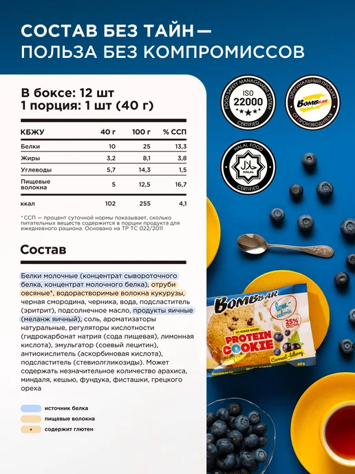 BombBar Протеиновое печенье без сахара Смoродина Черникa, 12шт х 40г, 12 шт, 40 г, фото 3
