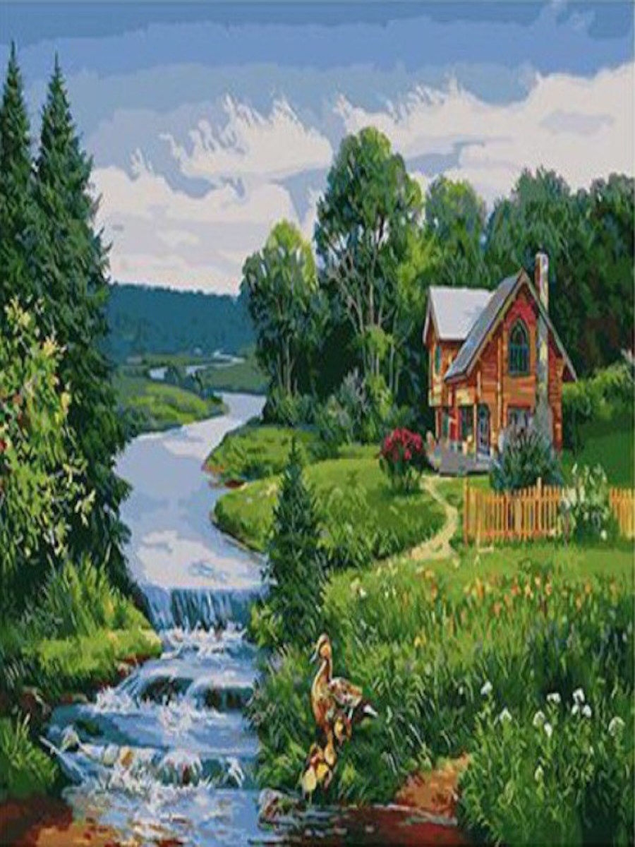 Река домов картина. Домик у речки. Картина дом у реки. Домик у ручья. Пейзажи природы с домиками картины.