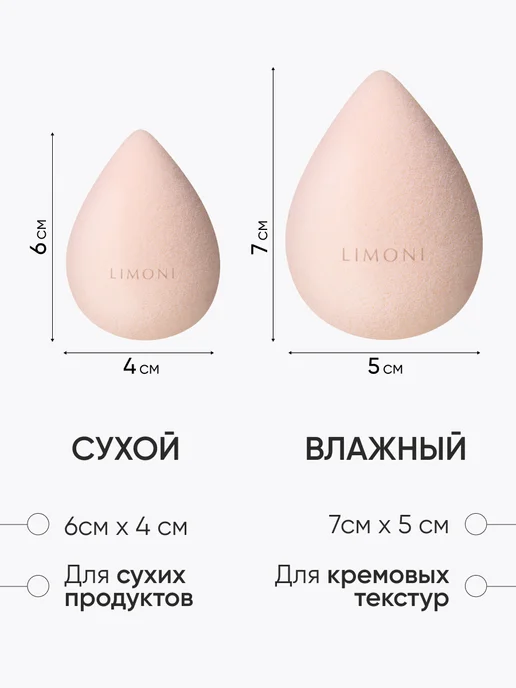 Limoni Спонж для макияжа тонального крема и пудры, бьюти блендер, бежевый, фото 4