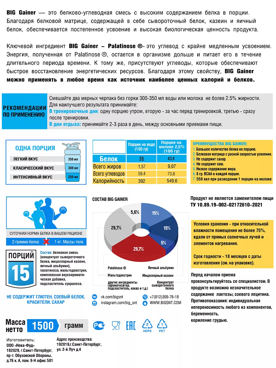 Гейнер для набора массы высокобелковый углеводный без сахара BIG. 7002149  купить за 1 756 ₽ в интернет-магазине Wildberries