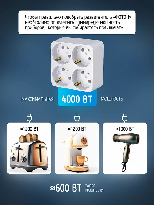 ФОТОН Тройник разветвитель для розетки с заземлением АМ 16-4Е, белый, фото 5