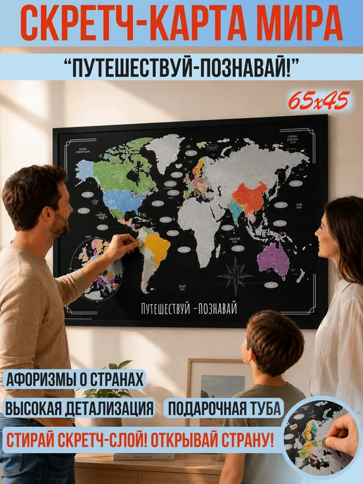 Правила Успеха Скретч карта мира настенная А2 в тубусе 65х45см, вариант
