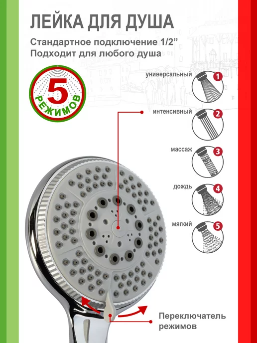 Remiling Лейка для душа Ancona 5 функций, белый, фото 4
