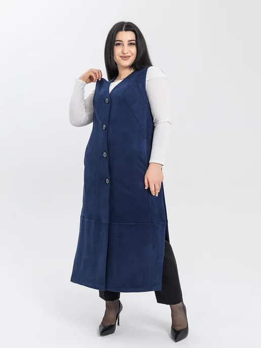 Elena Collection Жилет женский длинный замша, синий, фото 3
