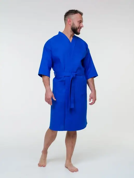BIO-TEXTILES халат мужской банный вафельный, синий, фото 3