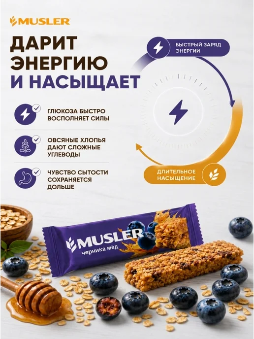 Musler Злаковые батончики мюсли зерновые "Черника и мед" 25 шт, 25 шт, фото 3