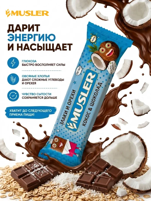 Musler Злаковые батончики мюсли "Кокос в темной глазури" 25 шт, 25 шт, фото 3