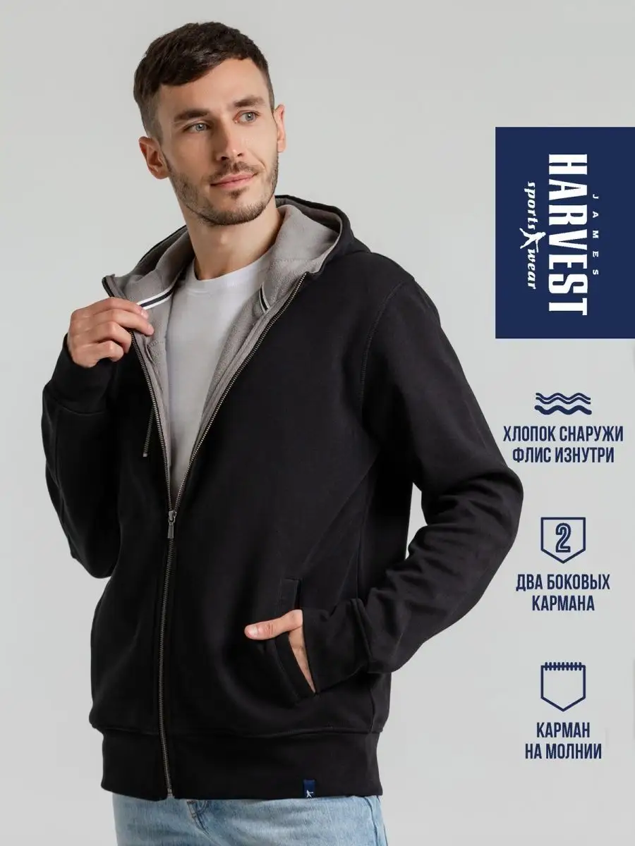 Худи мужское толстовка зипка на молнии с капюшоном с начесом James Harvest  Sportswear 7939431 купить за 3 981 ₽ в интернет-магазине Wildberries