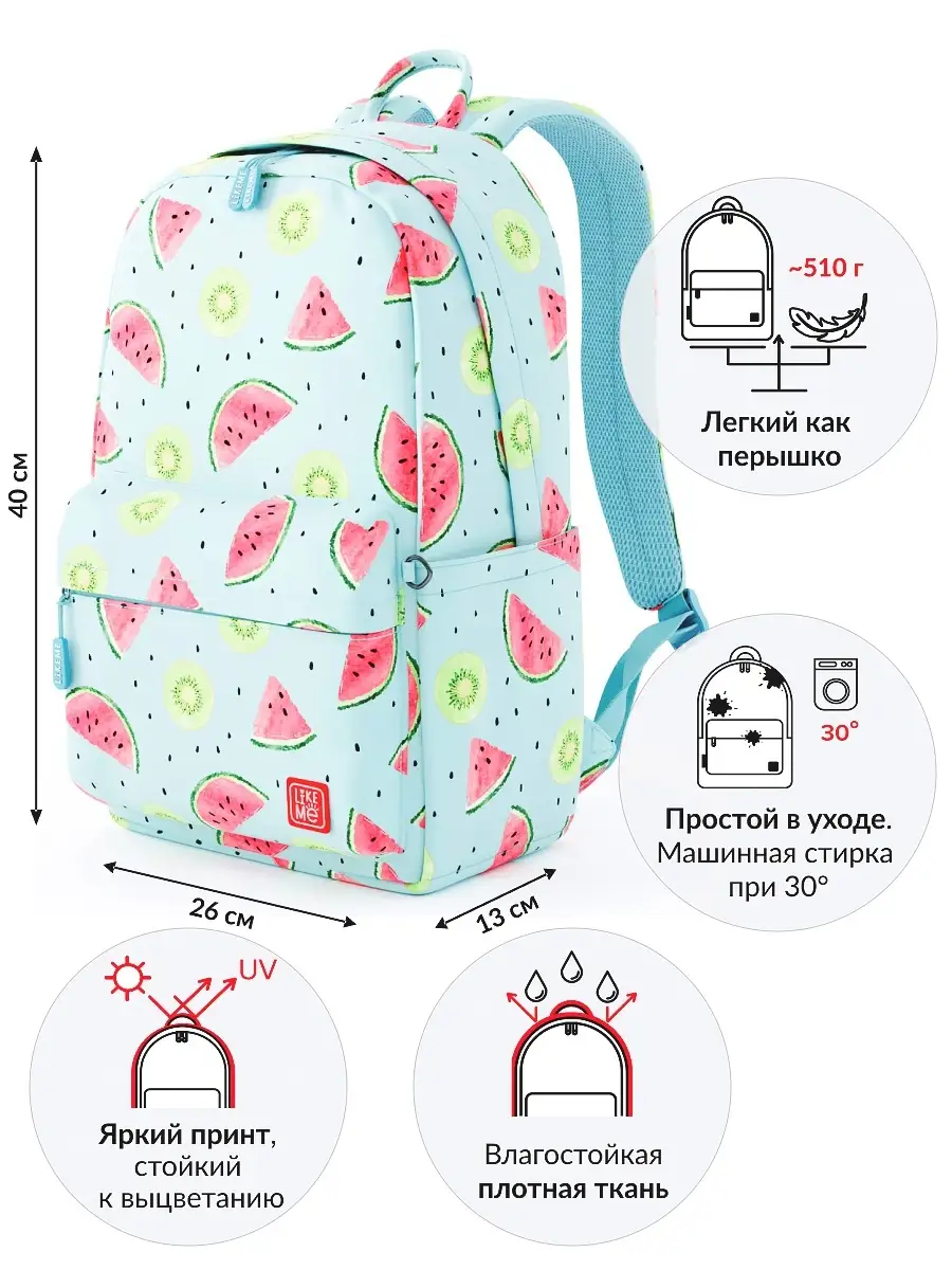 Like.me Рюкзак молодежный Teens Арбузы голубой
