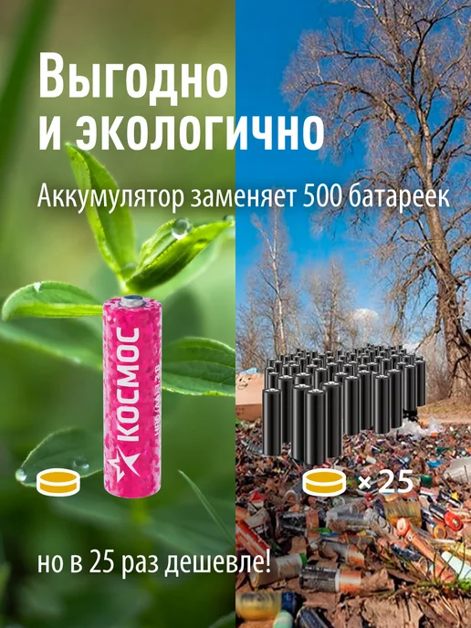 Космос Батарейки АА аккумуляторные, аккумуляторы пальчиковые 4 шт, 2800 мАч, 2 шт, фото 4