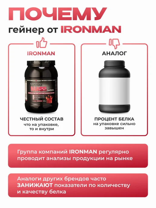 IronMan Гейнер для быстрого набора массы и веса 2,8 кг Клубника, 1,4 кг, фото 4