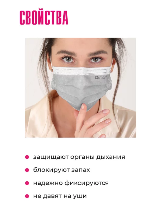 MIART Маски медицинские одноразовые трехслойные черные 50 штук, серый, фото 2