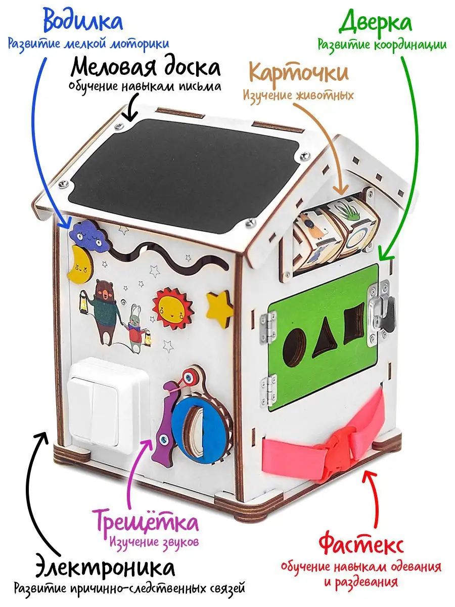 Бизиборд Домик со светом по методике Монтессори. Конструктор для малышей.  Чики Брики 8286597 купить в интернет-магазине Wildberries