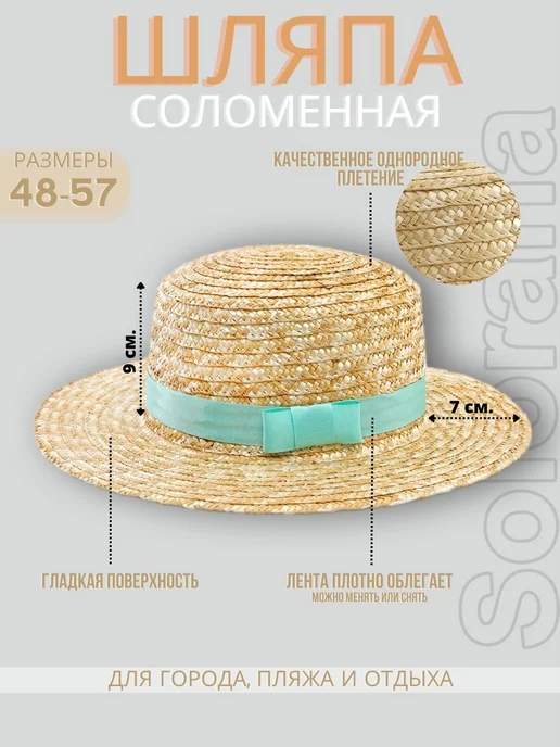Solorana Шляпа соломенная плетеная пляжная с полями и лентой, зеленый, фото 2
