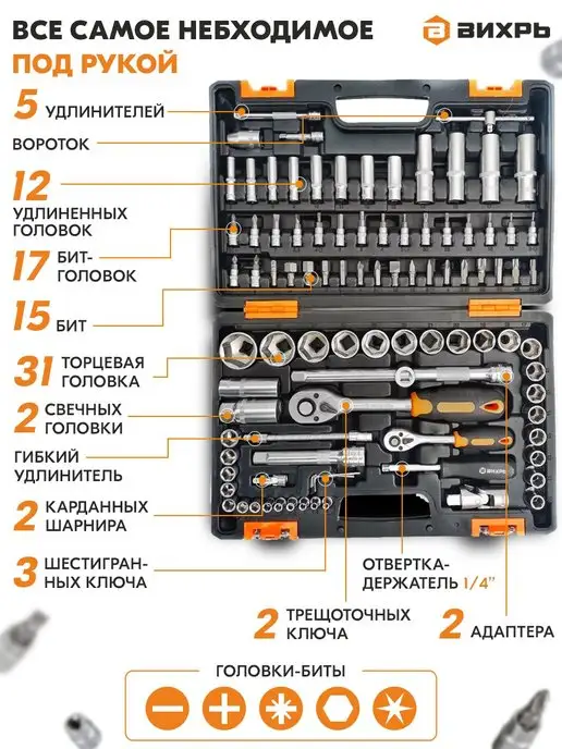 ВИХРЬ Набор инструментов, 1 2", 1 4", CrV, 94 предмета, кейс, 94 предмета кейс, фото 2