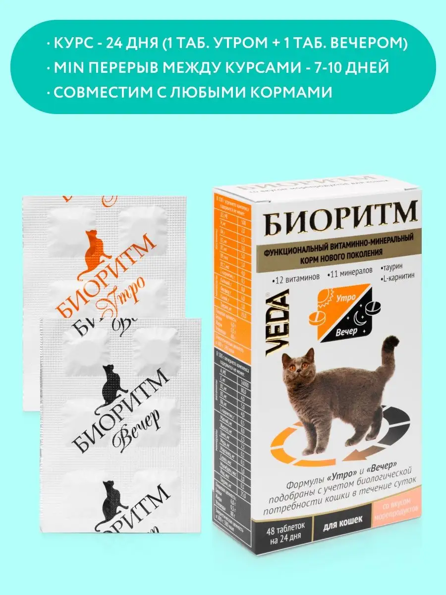 Витамины для кошек со вкусом морепродуктов, БИОРИТМ VEDA 8711662 купить за  235 ₽ в интернет-магазине Wildberries