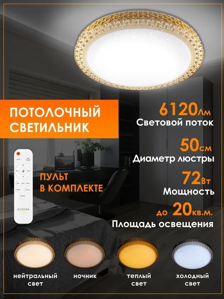 Люстра светодиодная потолочная,20 кв.м, 6120 Лм,72 Вт, 50см Avrora Light  8870982 купить в интернет-магазине Wildberries