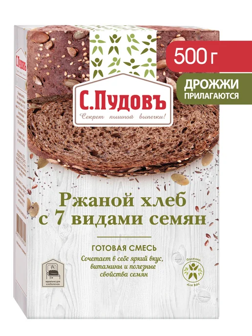 С.Пудовъ Хлебная смесь "Ржаной хлеб с 7видами семян", 500 г, 500 г