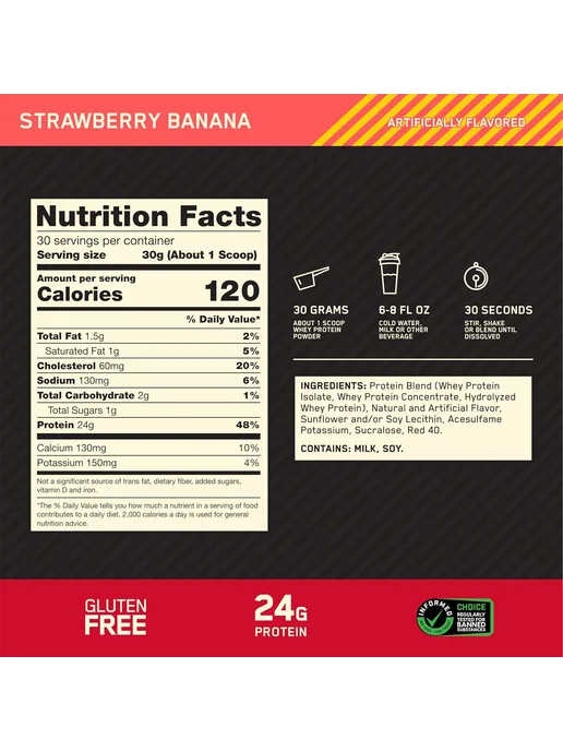 Optimum Nutrition Протеин Голд Стандарт 100% Вей, 907 г - Клубника-банан, 907 г, фото 3