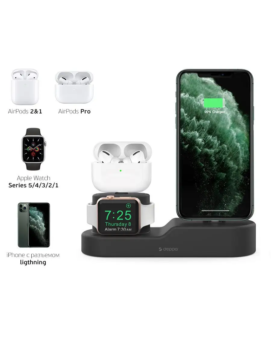 Стенд подставка для зарядки Apple Watch / iPhone / AirPods, док станция  3-в-1, силикон Deppa 9472324 купить в интернет-магазине Wildberries