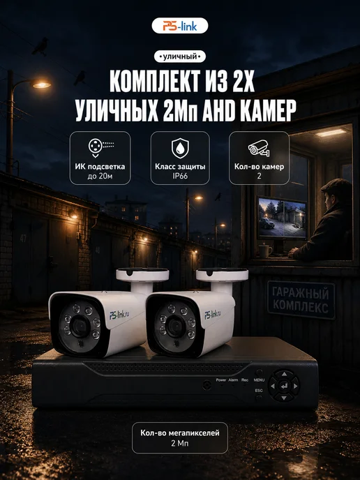 Ps-Link Комплект AHD 2MP KIT-C202HD с уличными камерами, черный