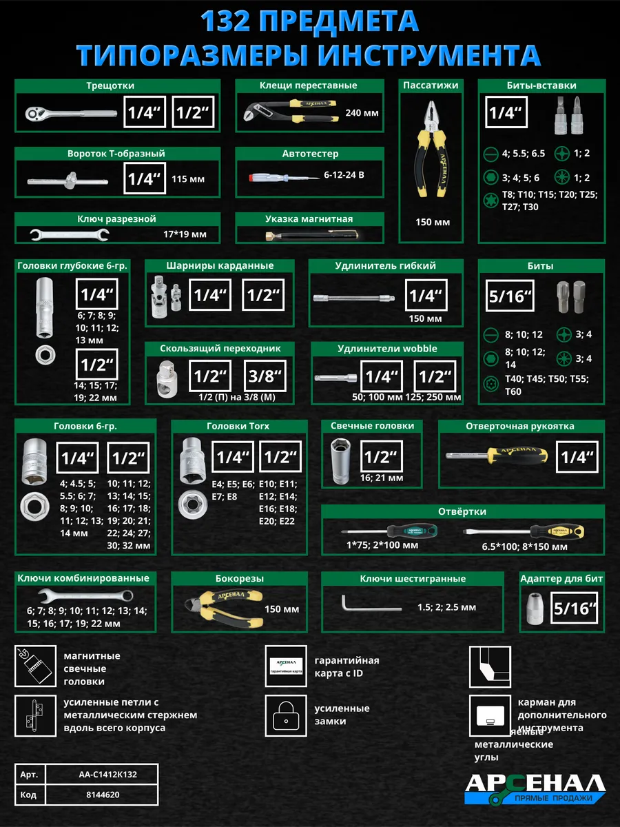 Набор инструментов для автомобиля 132 предмета Арсенал 9573908 купить за 27  174 ₽ в интернет-магазине Wildberries