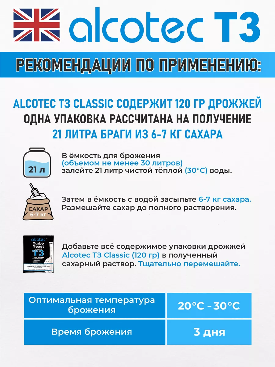 Дрожжи Alcotec T3 Classic, 120 гр (для самогона) Alcotec 9620866 купить за  300 ₽ в интернет-магазине Wildberries