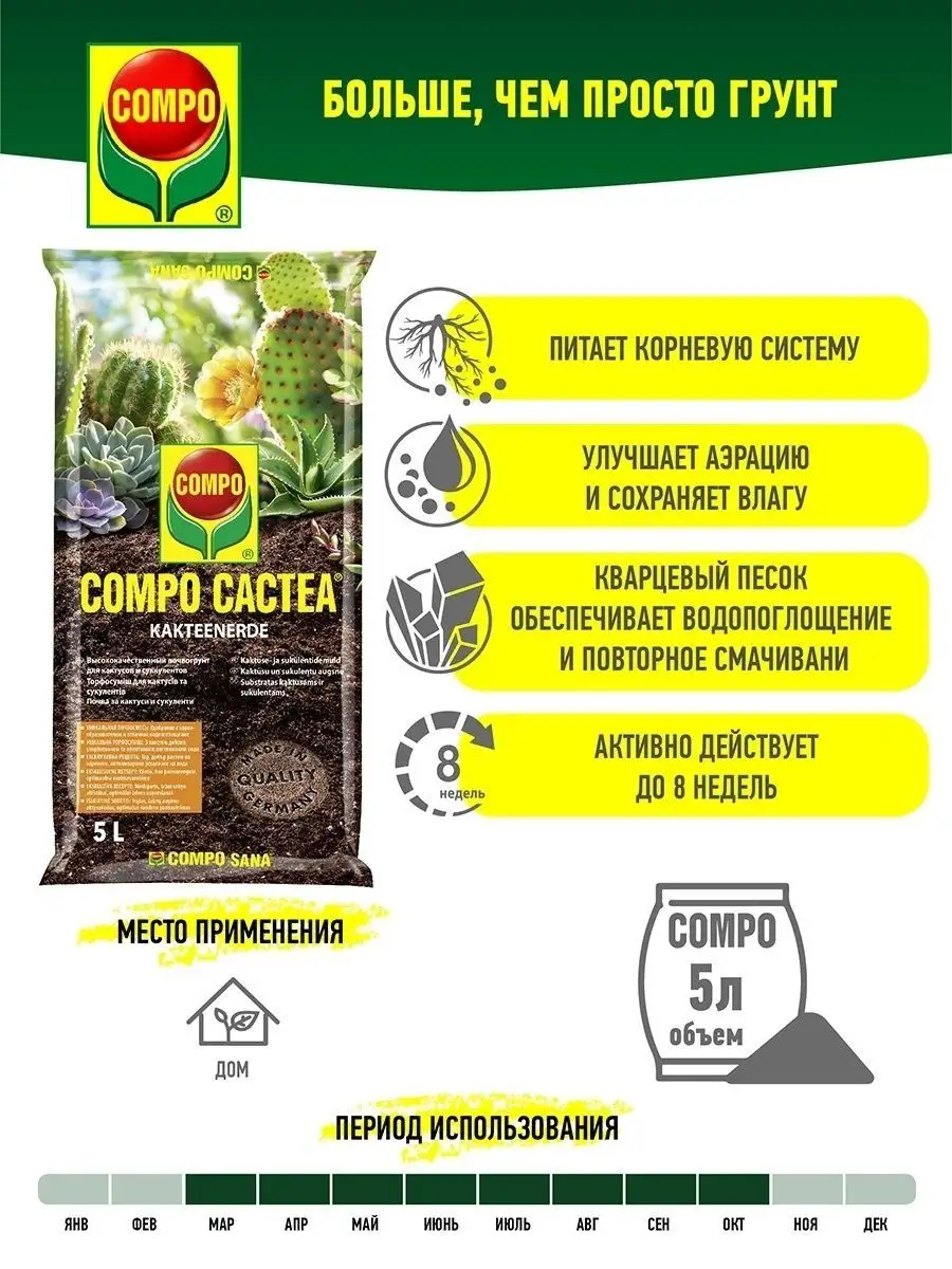 Субстрат, почвогрунт для кактусов, растений, суккулентов COMPO CACTEA  (почва, земля), Германия, 5 л COMPO 9843949 купить в интернет-магазине  Wildberries