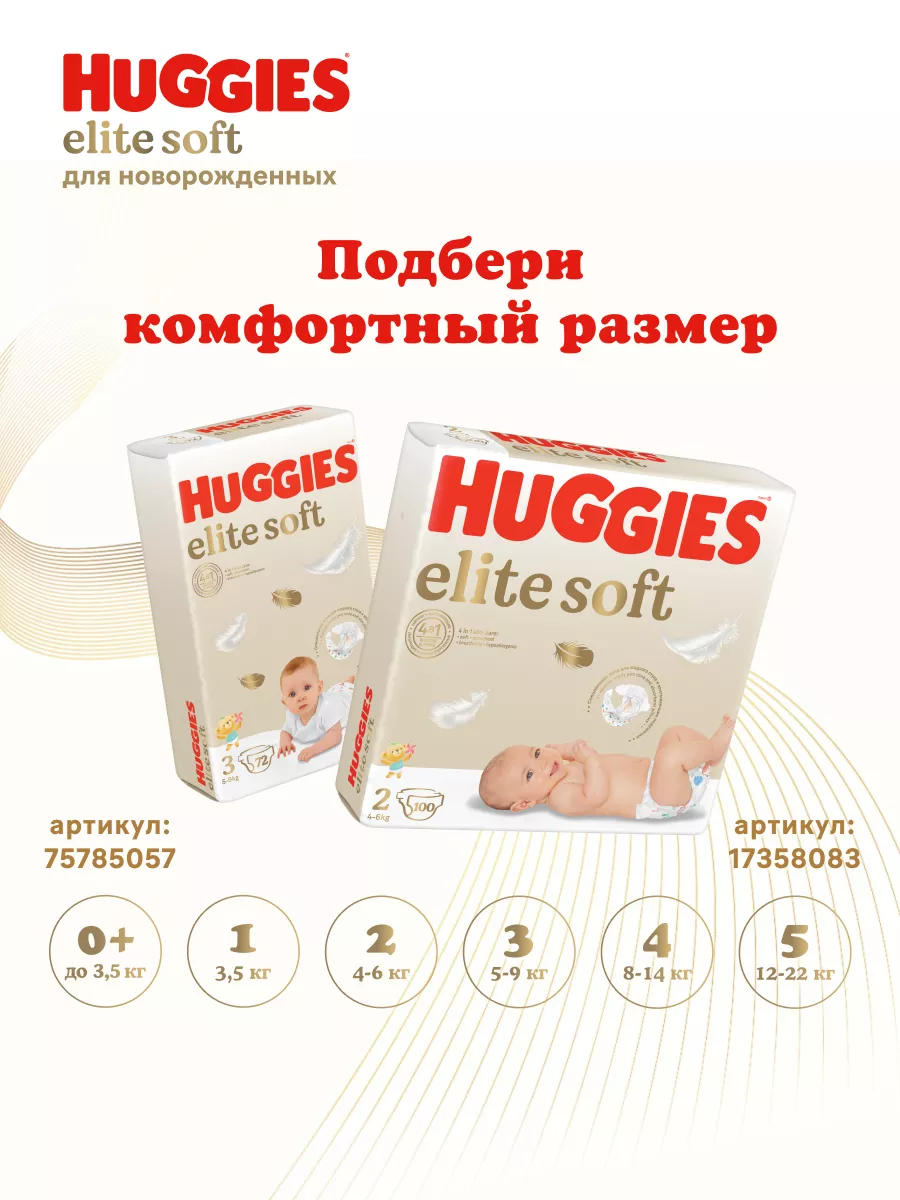 Подгузники для новорожденных Elite Soft 1 р 3-5 кг 84 шт HUGGIES 9946657  купить за 1 393 ₽ в интернет-магазине Wildberries