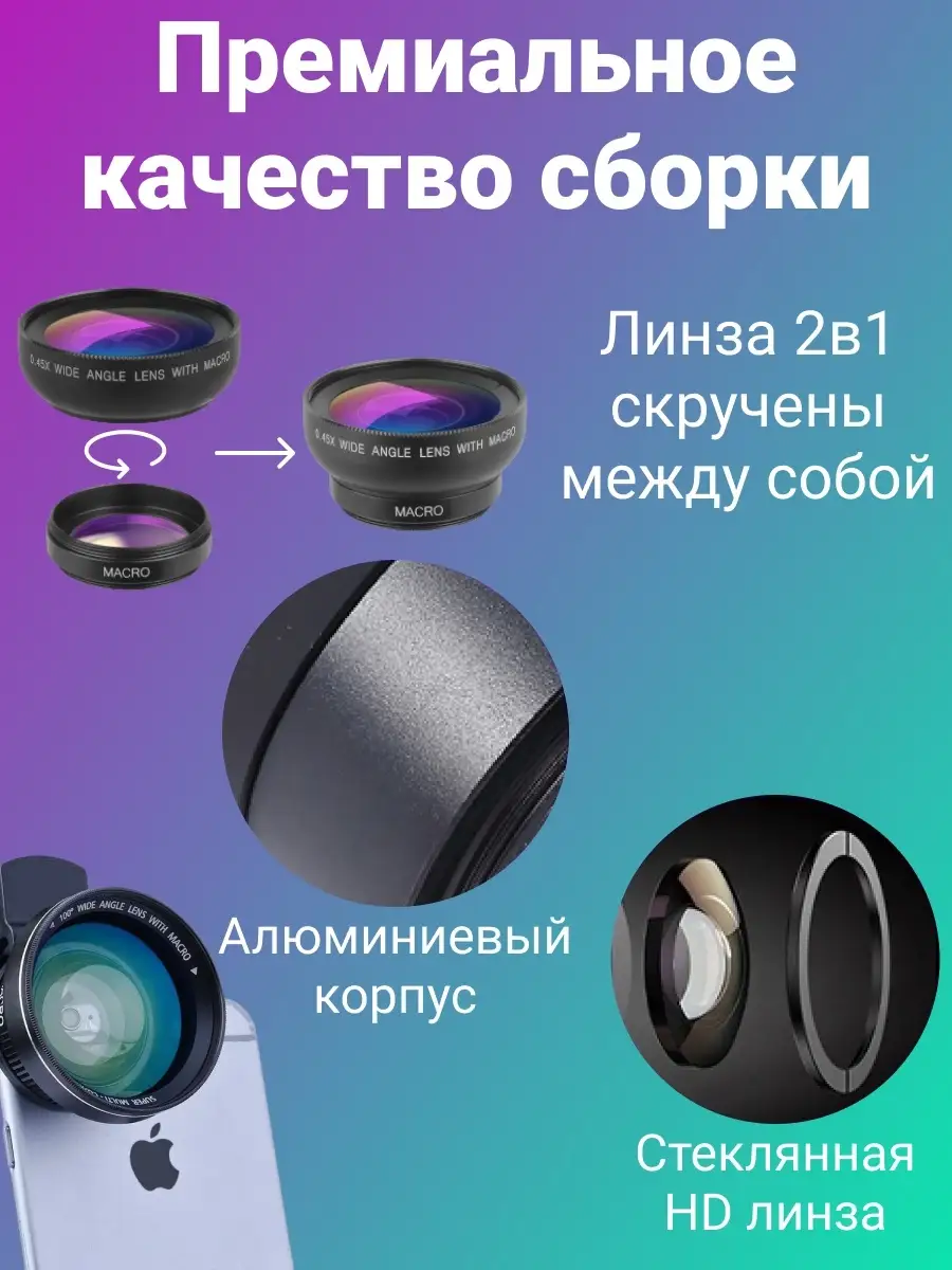 Универсальная макро линза 2 в 1 Fisheye 0,45х для камеры телефона  широкоугольный объектив рыбий глаз Fisheye 9976638 купить за 448 ? в  интернет-магазине Wildberries